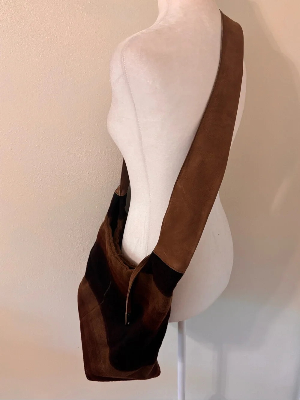 Arche France Brown Leather Wool Hobo Satchel Purse Striped Modern Bohemian $429